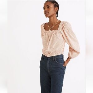 Madewell boho striped long puff sleeve crop top rust white size medium